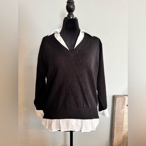 Skies Are Blue - Black V-Neck Sweater with Faux Shirt Detail - Size Medium